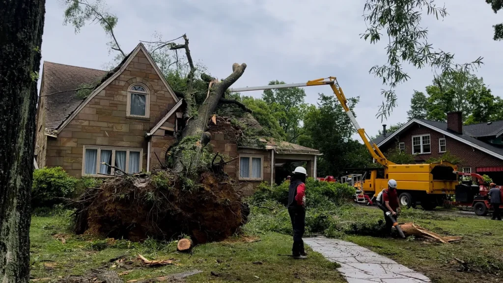 Workers assess a large uprooted tree that has fallen onto a house, causing significant damage to the roof and surrounding area. A yellow crane is being used to remove the tree.