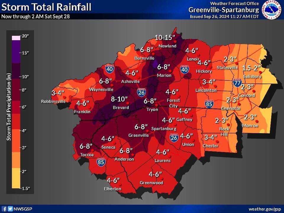 Rainfall estimates for the greater NC and SC area.