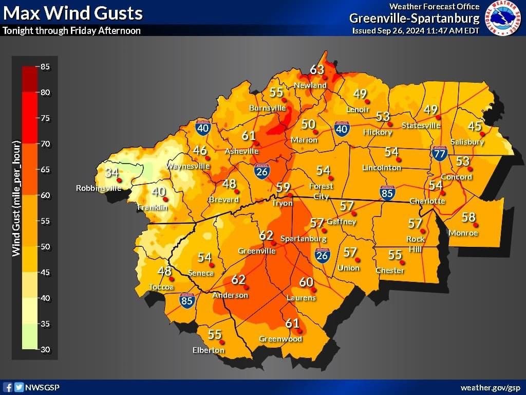 Wind Gust estimates for the greater NC and SC area.