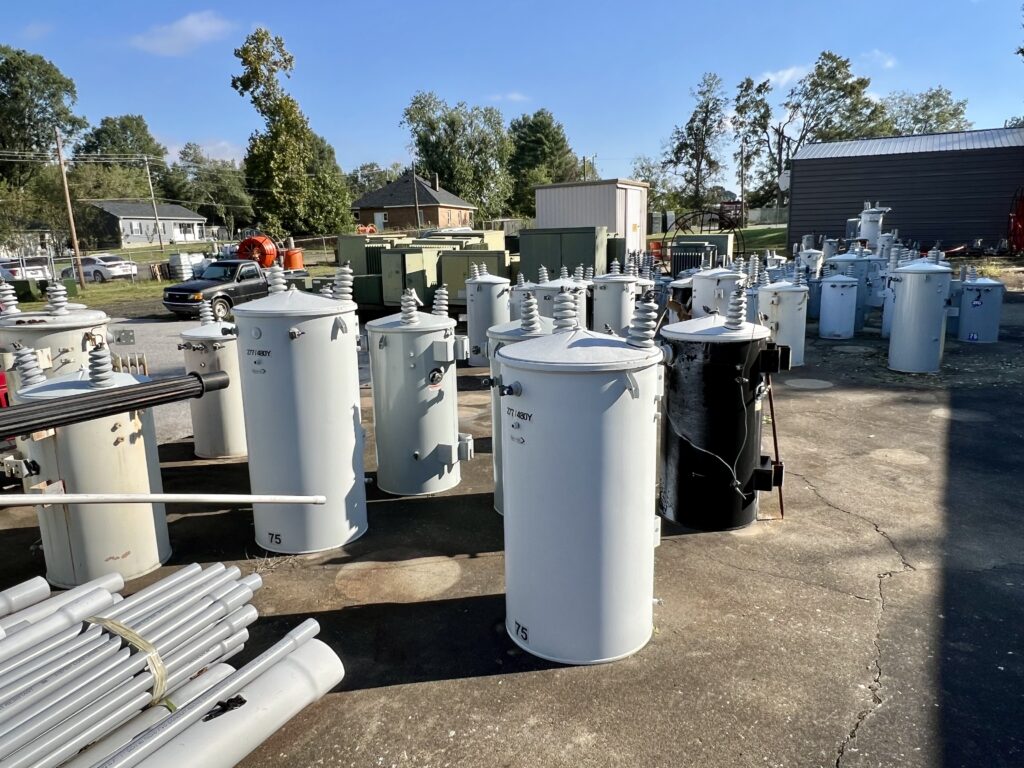 Many transformers ready to replace the ones broken in Hurricane Helene.