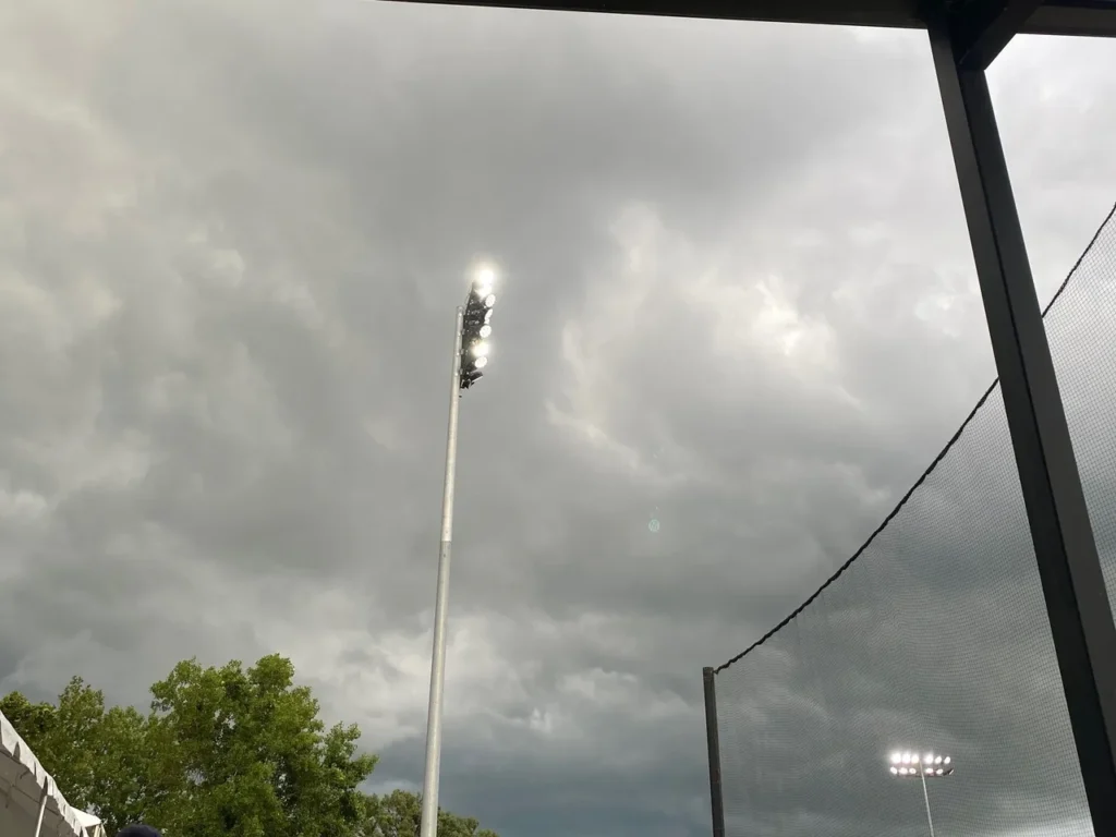 The stand lights at the American Legion world Series Baseball Field.