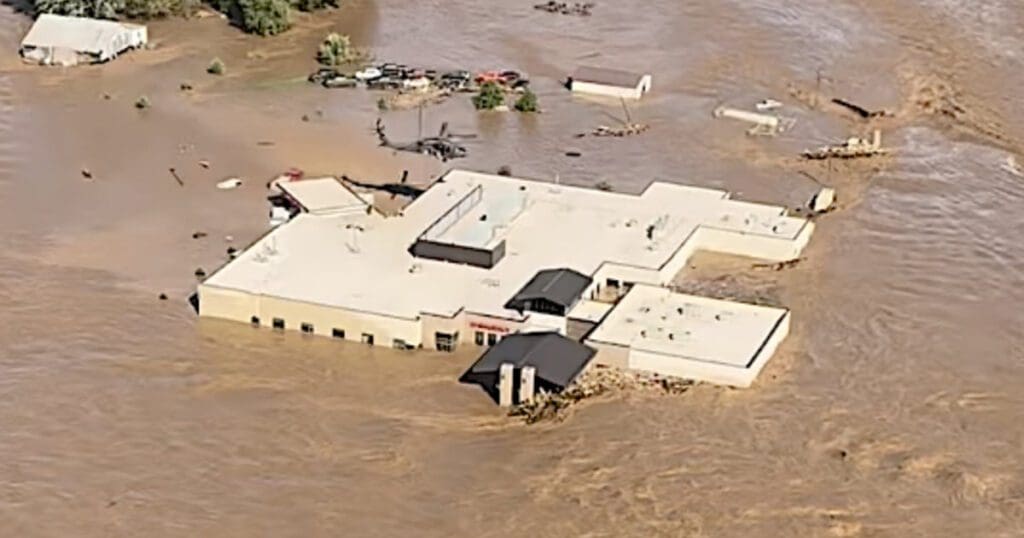 a building underwater from the flooding after Hurricane Helene.