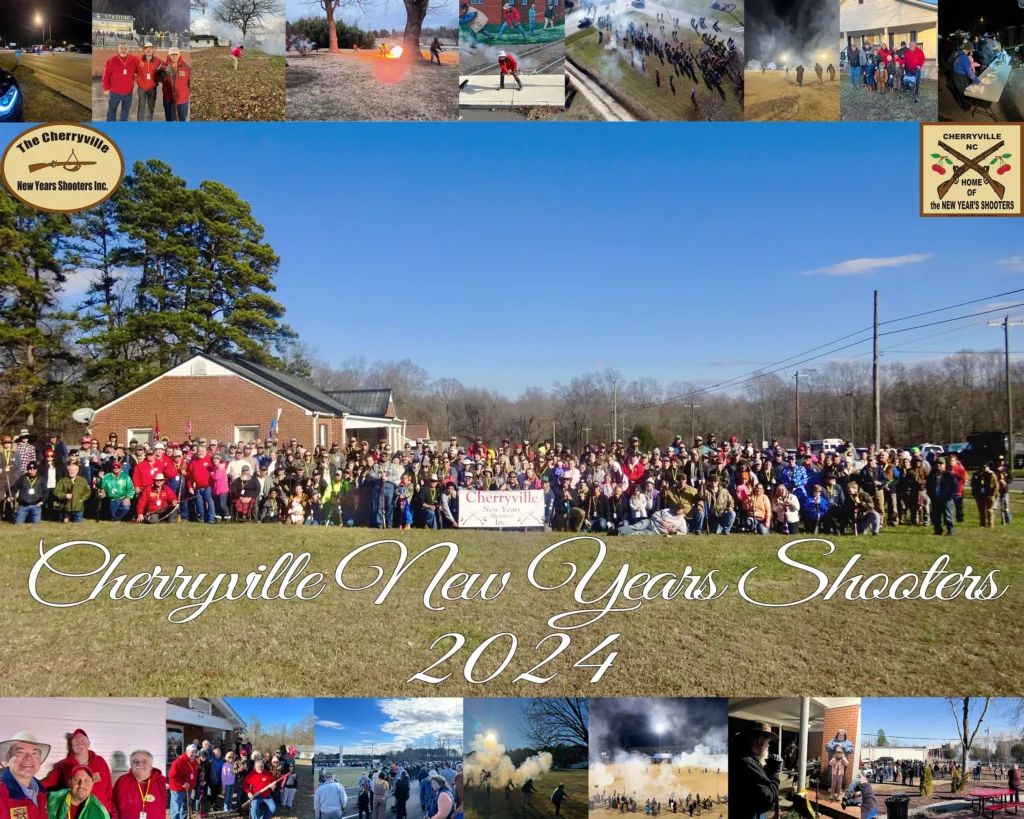 A large group photo with hundreds of people labeled with "Cherryville New Years Shooters 2024"