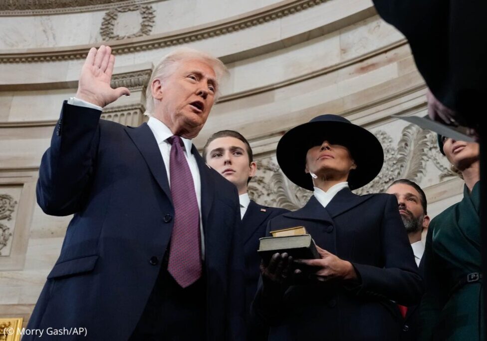 Donald Trump is sworn in as the 47th president of the United States by Chief Justice John Roberts as Melania Trump holds the Bible during the 60th Presidential Inauguration in the Rotunda of the U.S. Capitol in Washington, Monday, Jan. 20, 2025. (AP Photo/Morry Gash, Pool)