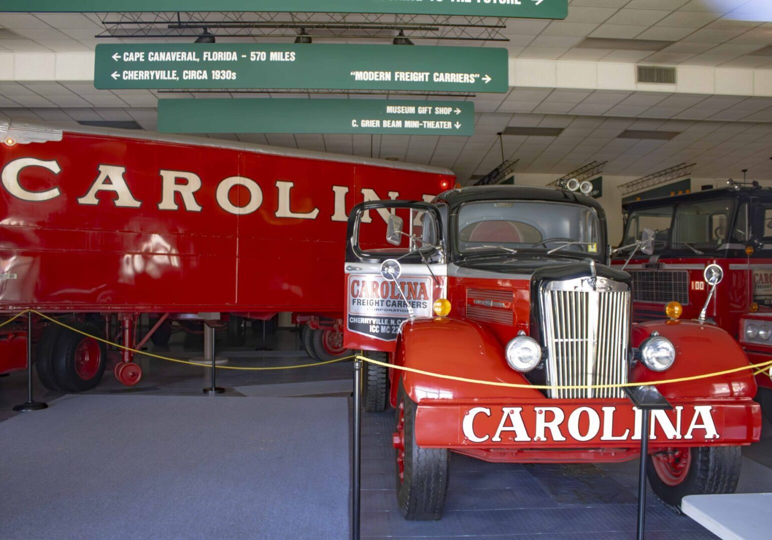 The trucks inside of the C. Grier Beam Truck Museum.