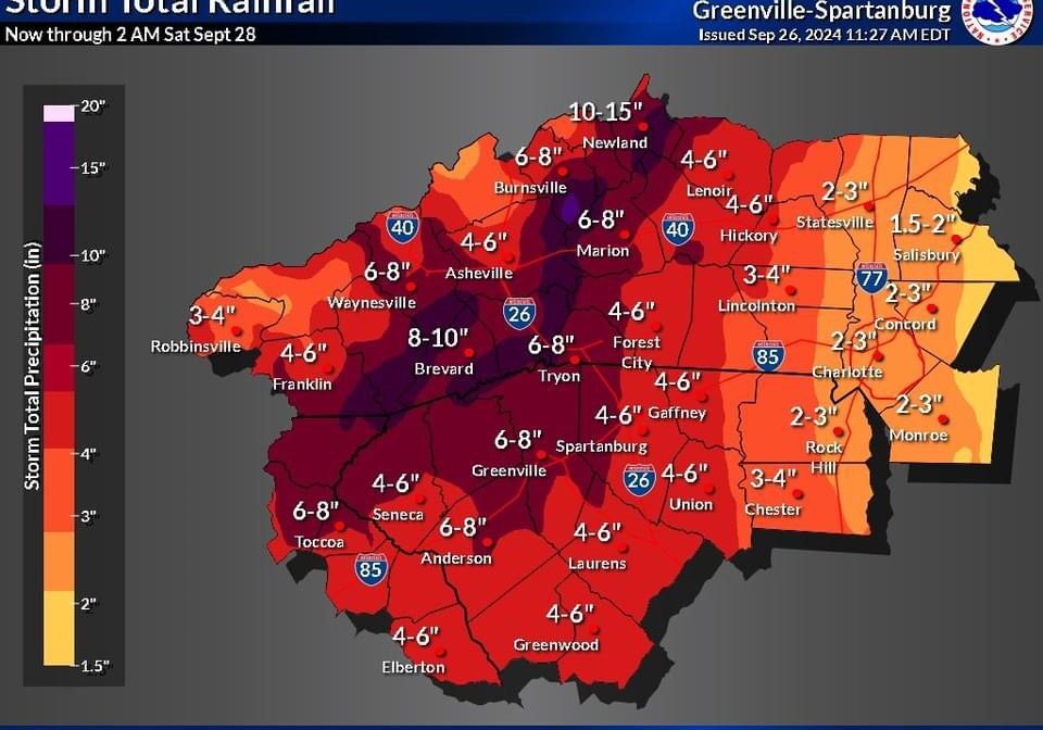 Rainfall estimates for the greater NC and SC area.