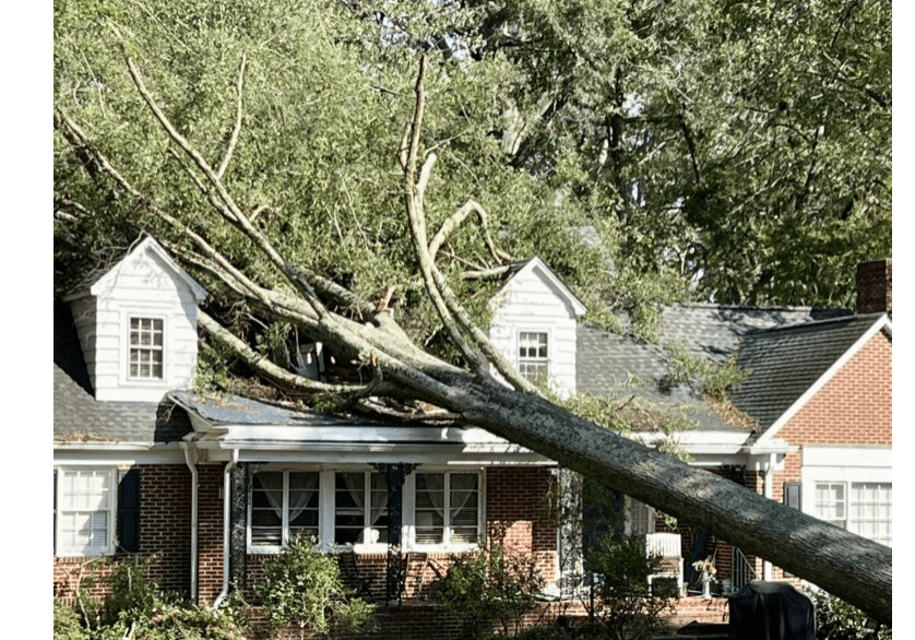 A photo of a down tree on a house in Cherryville NC.