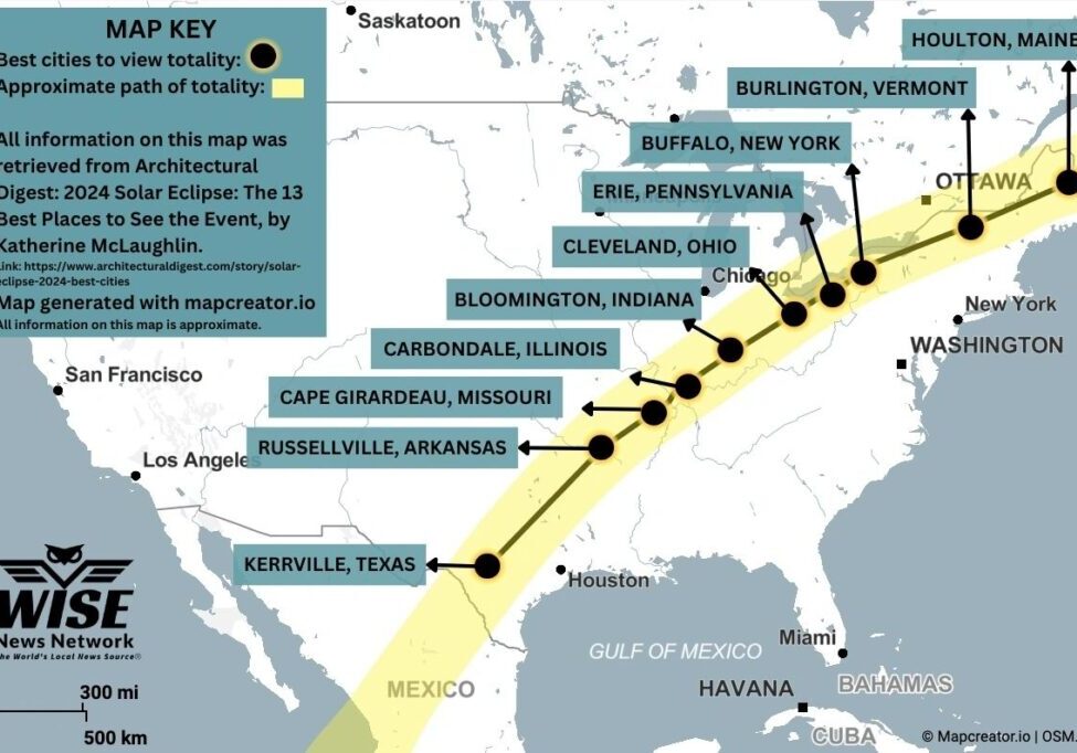 Map of North America showing the path of totality for the 2024 solar eclipse. Key cities along the path include Kerrville, Texas; Little Rock, Arkansas; Cape Girardeau, Missouri; and Buffalo, New York.