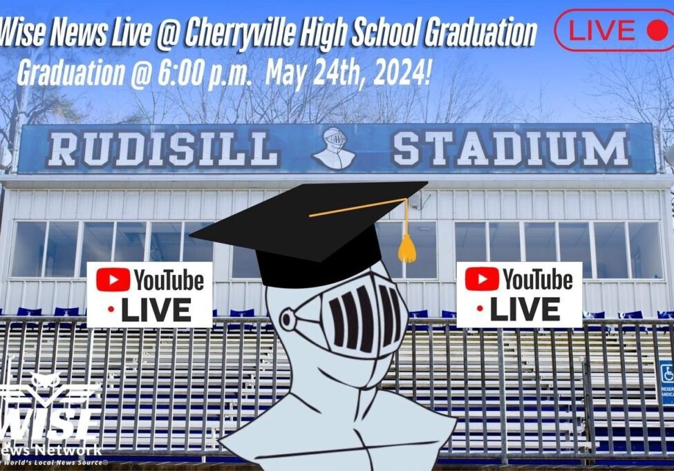 Announcement for Cherryville High School graduation at Rudisil Stadium on May 24th, 2024, 6:00 p.m., streamed live on YouTube by Wise News.