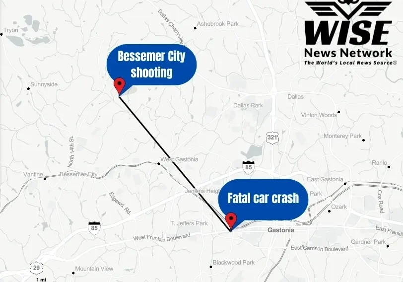 A map showing two locations in North Carolina: one marked "Bessemer City shooting" and the other "Fatal car crash" in Gastonia. The map is branded with "WISE News Network" in the upper right corner.